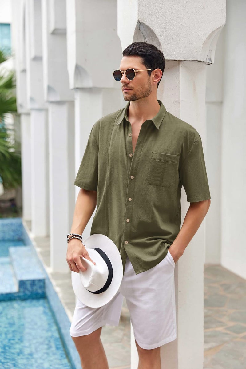 Ryannology Mens Beach Linen Shirts Short Sleeve Cuban Button Down Casual Summer T Shirt Guayabera Hawaiian Tee Loose Fit Tops A Army Green - Image 2